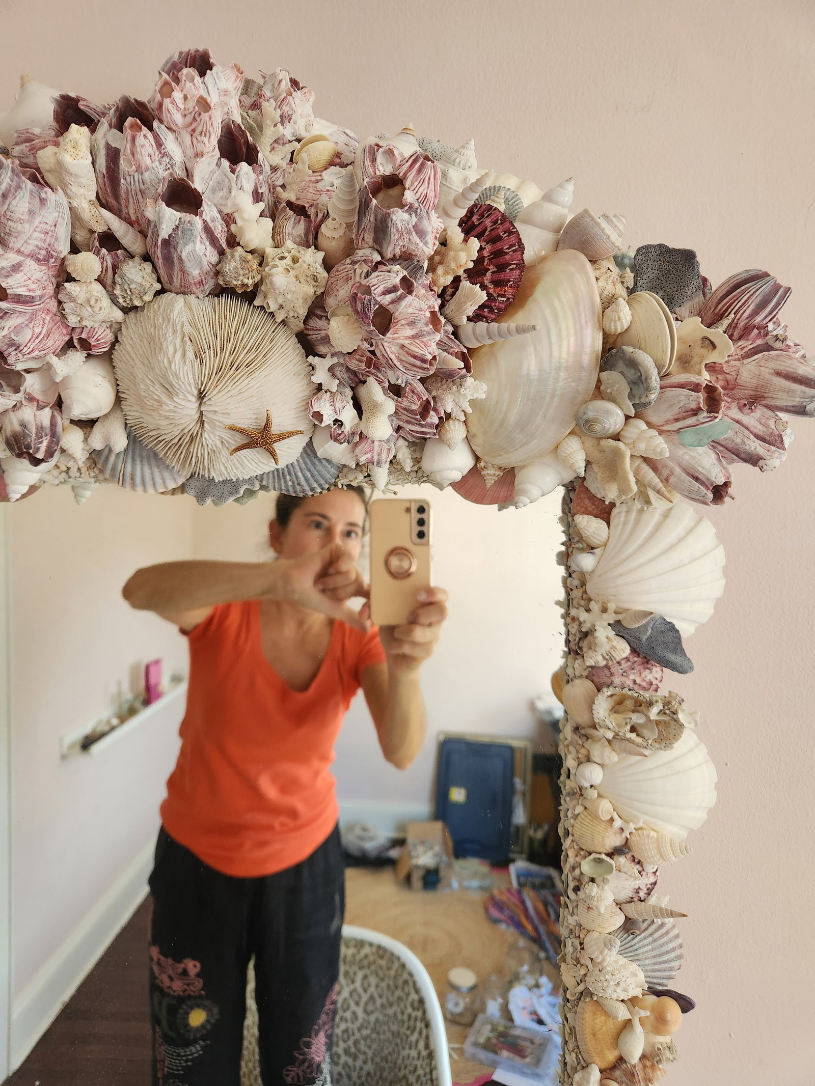 Seashell Encrusted Wall Mirror, Coastal Grandma Decor, Scallop Shell Accent - 15