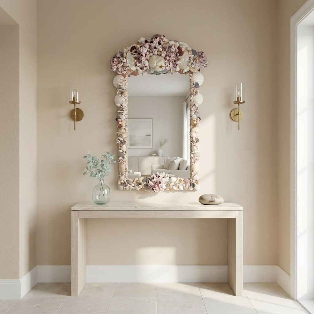 Seashell Encrusted Wall Mirror, Coastal Grandma Decor, Scallop Shell Accent - 2