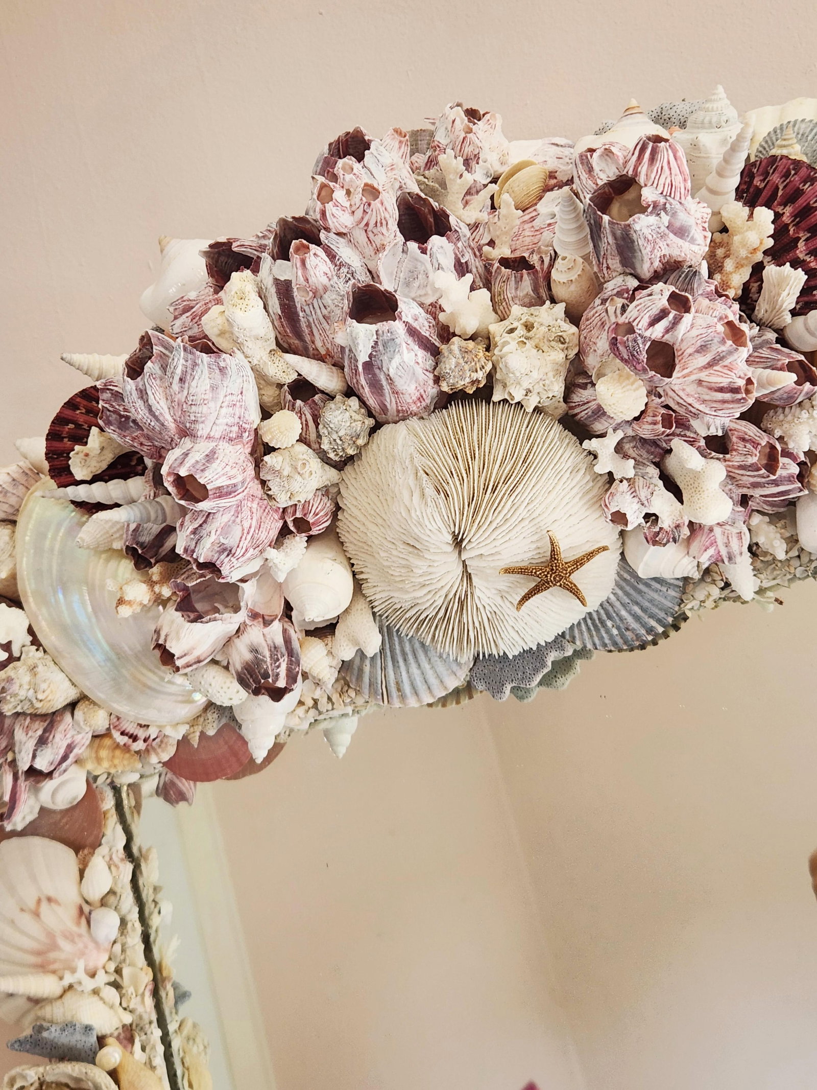 Seashell Encrusted Wall Mirror, Coastal Grandma Decor, Scallop Shell Accent - 4