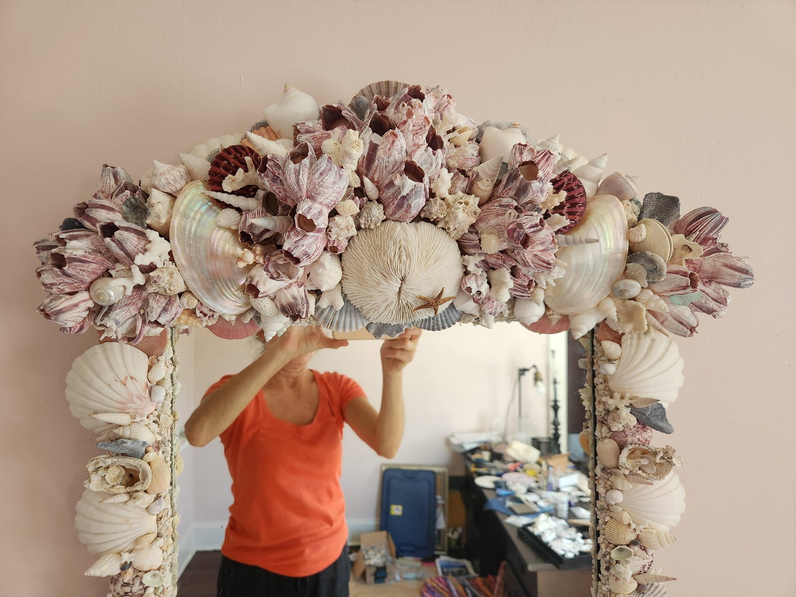 Seashell Encrusted Wall Mirror, Coastal Grandma Decor, Scallop Shell Accent - 5