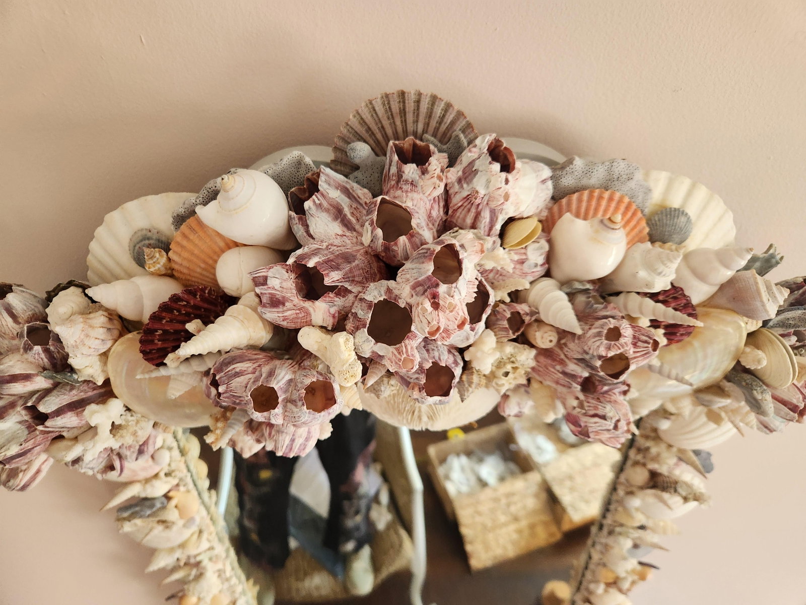 Seashell Encrusted Wall Mirror, Coastal Grandma Decor, Scallop Shell Accent - 7