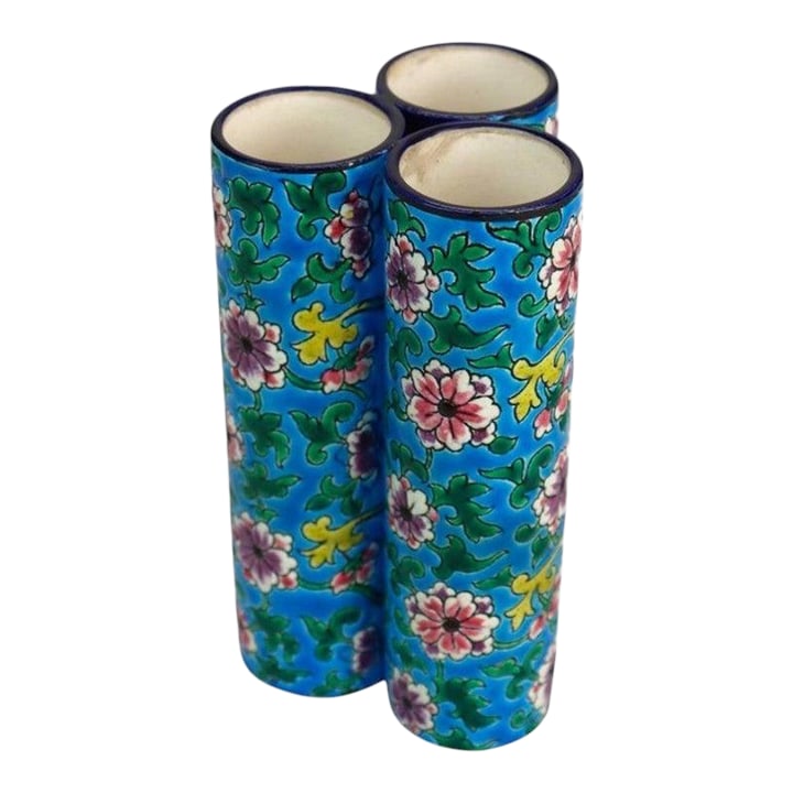 French Longwy Pottery Floral Decorated Triple Bud Vase, Signed, C1900: This French Longwy Pottery triple bud vase, dating to approximately 1900, showcases the distinctive enamelware craftsmanship for which the manufacturer is renowned. Fashioned from ceramic, the piece