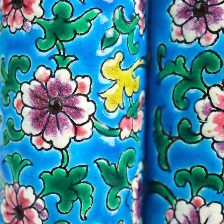 French Longwy Pottery Floral Decorated Triple Bud Vase, Signed, C1900 - 5