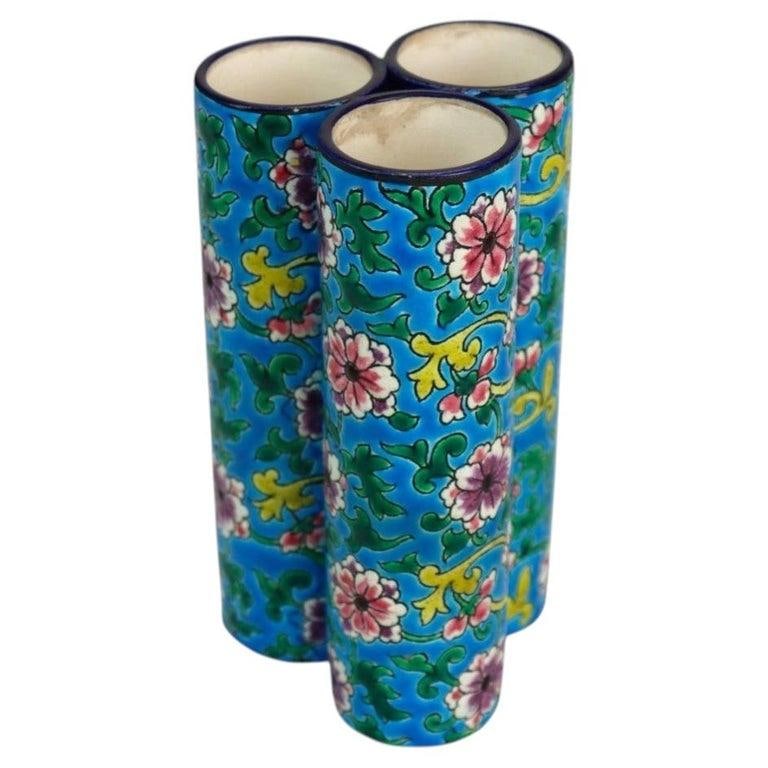 French Longwy Pottery Floral Decorated Triple Bud Vase, Signed, C1900 - 9