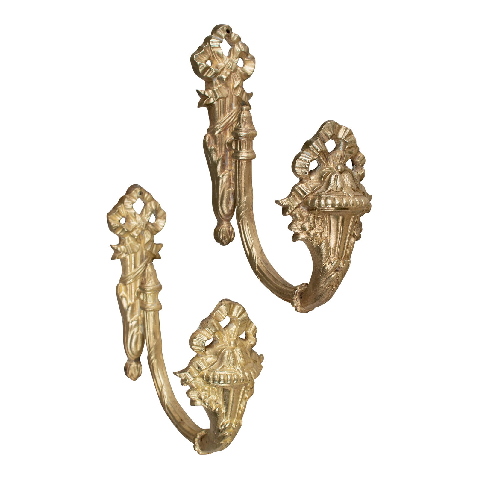 Louis XV Style Cast Bronze Curtain Tiebacks Pair: A pair of 19th Century French Louis XVI ctyle cast bronze ormolu curtain tiebacks. Good heavy casting with nice ribbon details. May be repurposed for use as wall hook for towels. Circa 1880-1900.