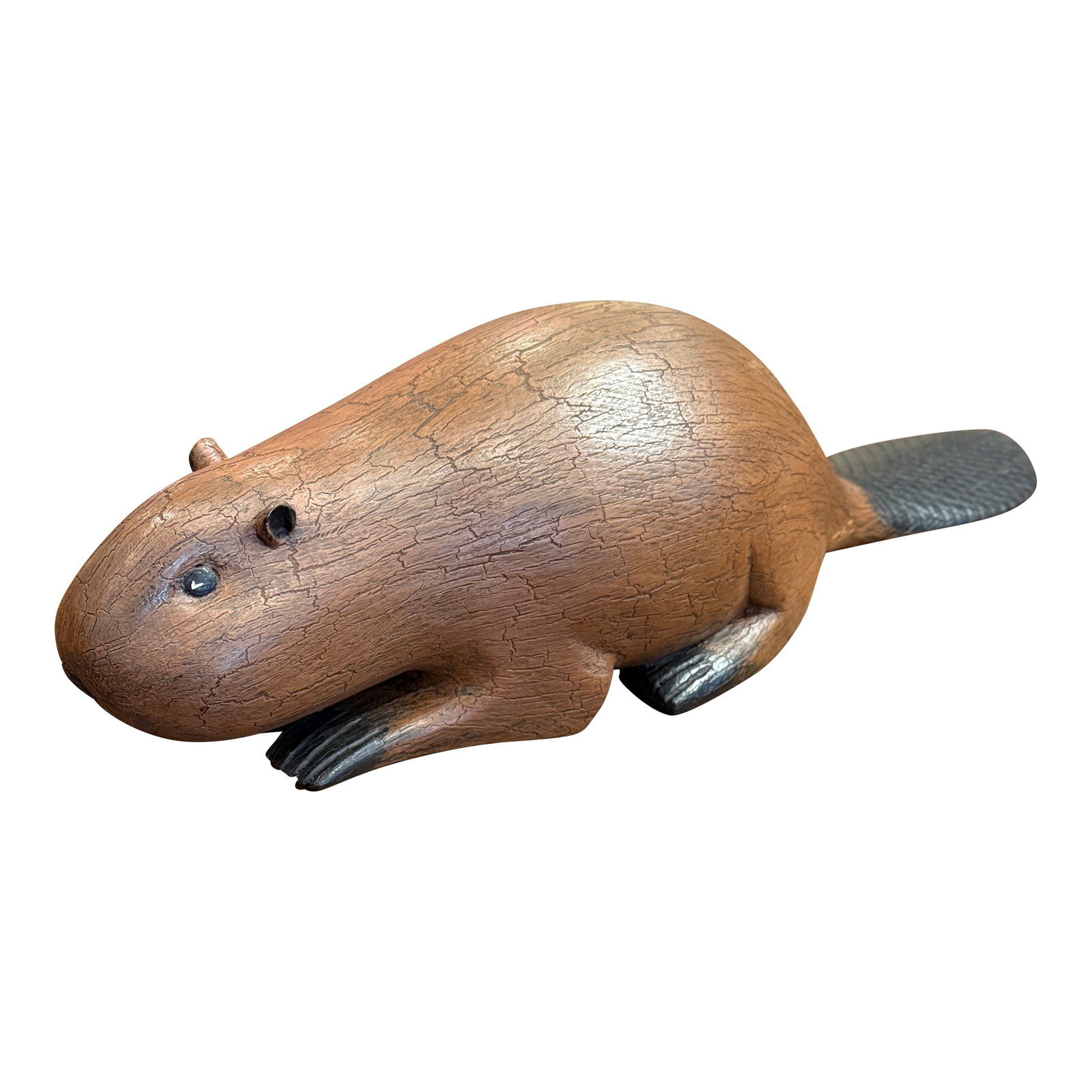 Michel Fortin Folk Art Beaver Carving Signed Quebec Sculpture: Wonderful folk art carving of a beaver, or "castor," by Michel Fortin, featuring a beautifully rounded sculptural form with expressive simplicity and rich aged surface. Hand carved and painted with a 