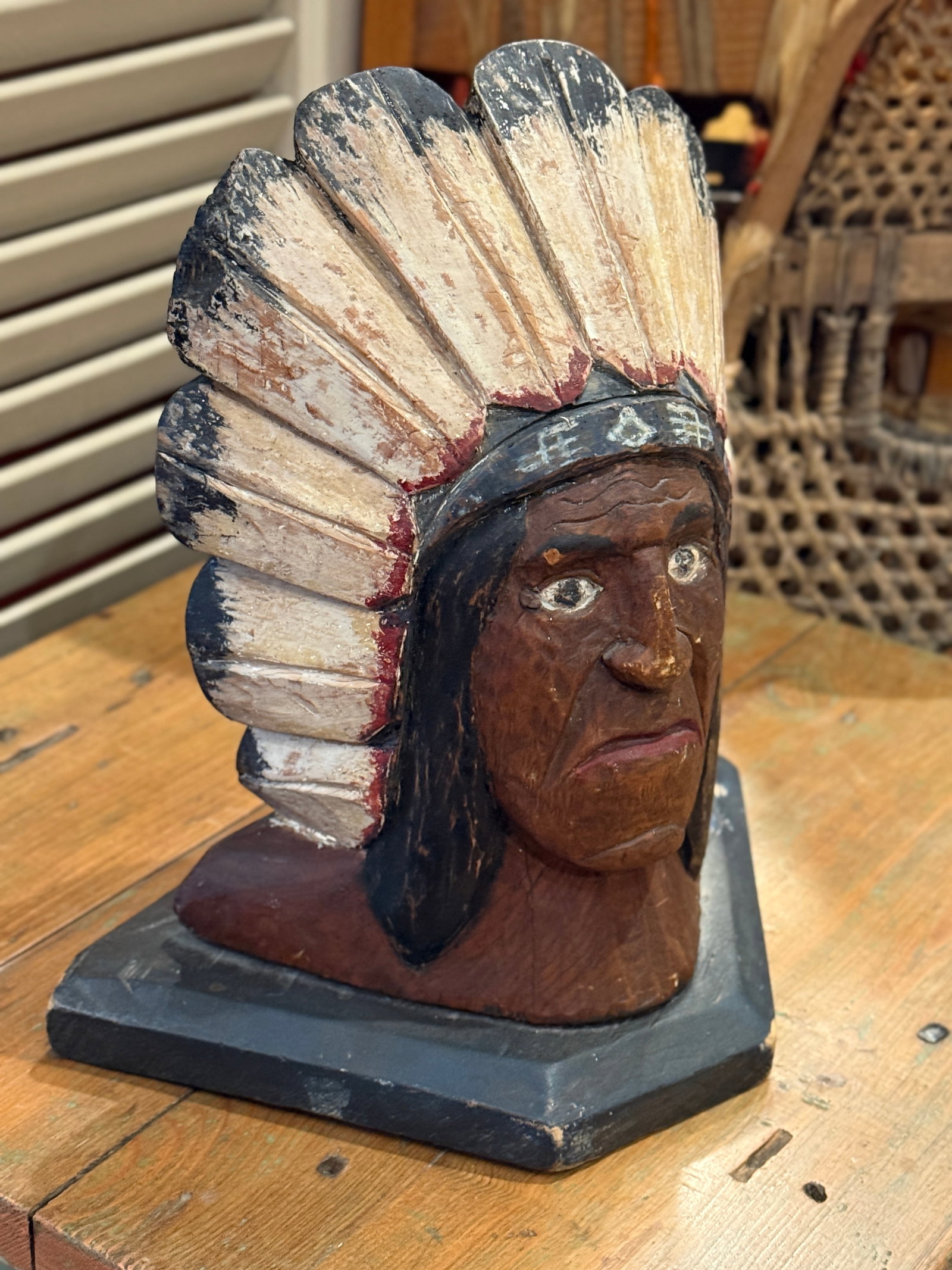 1920s Folk Art Carved Native Chief Doorstop Polychrome Painted Wooden Sculpture - 2