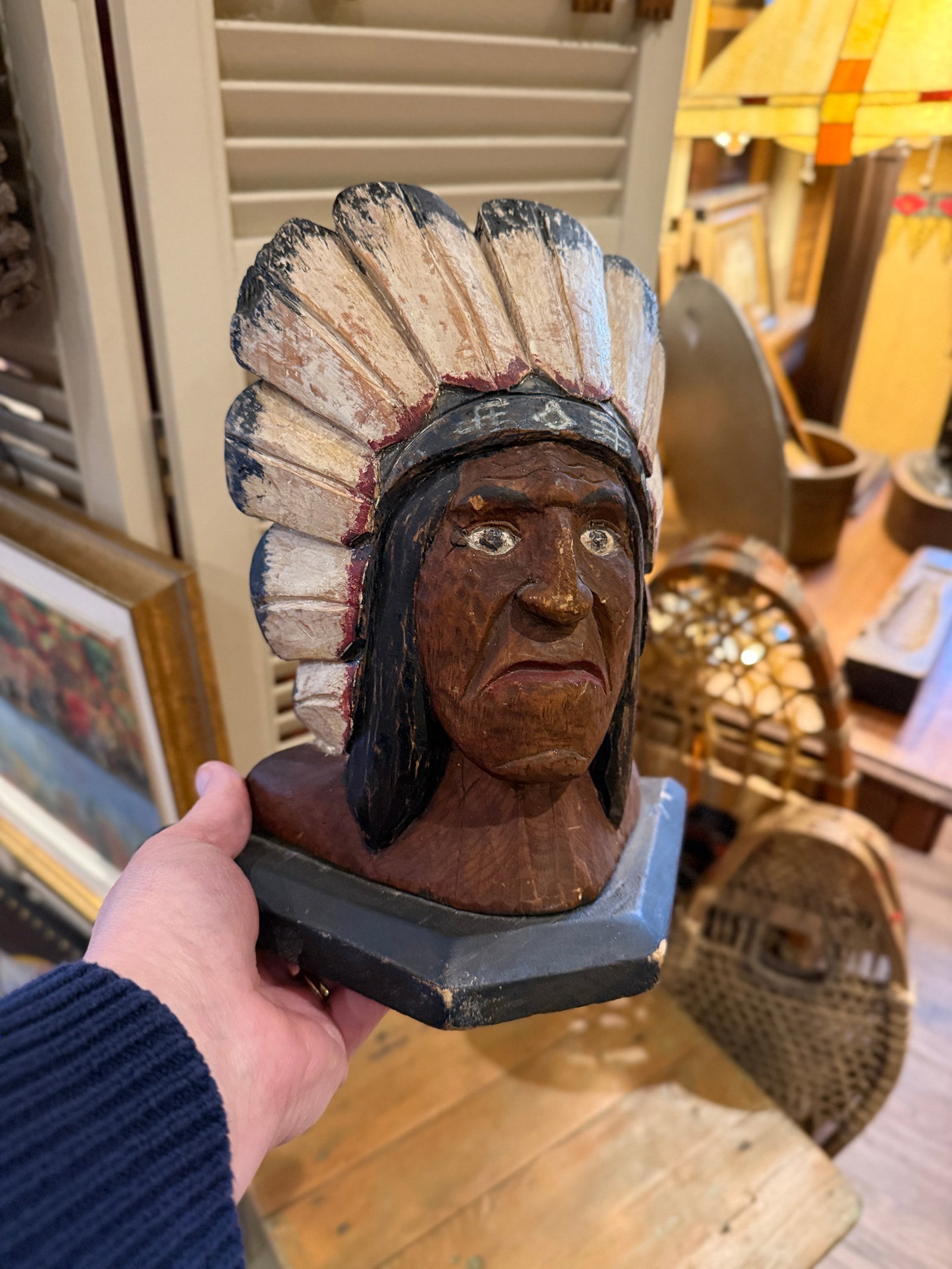 1920s Folk Art Carved Native Chief Doorstop Polychrome Painted Wooden Sculpture - 7