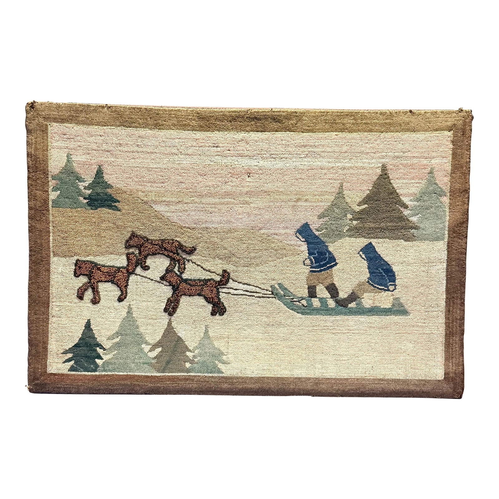 Vintage Grenfell Hooked Rug Sled Dogs Scene Mounted Mat c.1930s Folk Art Textile (1 of 10)