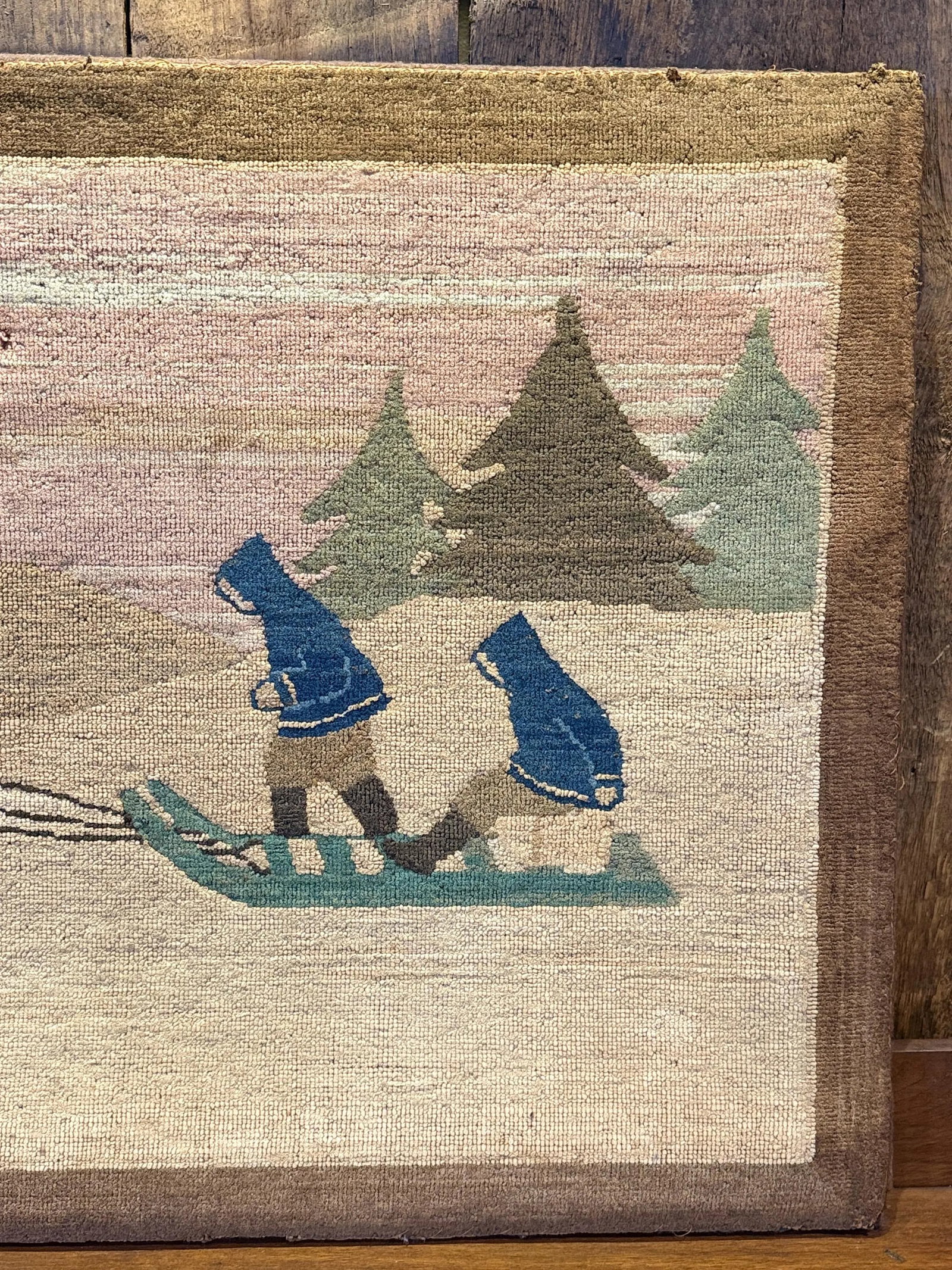 Vintage Grenfell Hooked Rug Sled Dogs Scene Mounted Mat c.1930s Folk Art Textile - 2