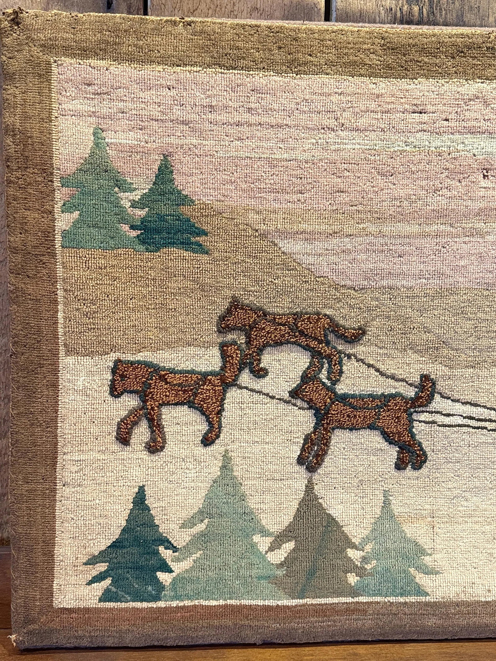 Vintage Grenfell Hooked Rug Sled Dogs Scene Mounted Mat c.1930s Folk Art Textile - 3
