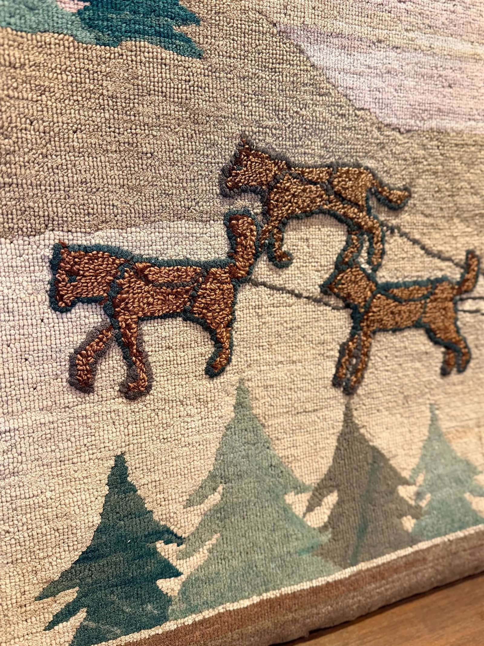 Vintage Grenfell Hooked Rug Sled Dogs Scene Mounted Mat c.1930s Folk Art Textile - 4