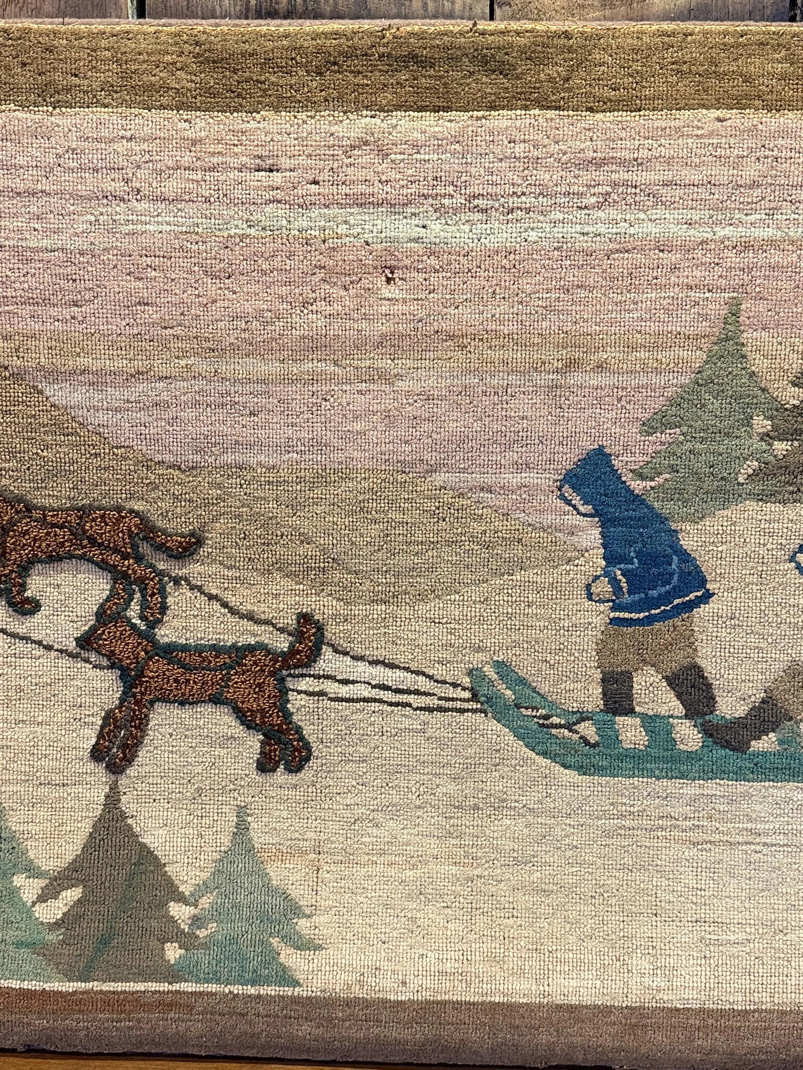 Vintage Grenfell Hooked Rug Sled Dogs Scene Mounted Mat c.1930s Folk Art Textile - 7