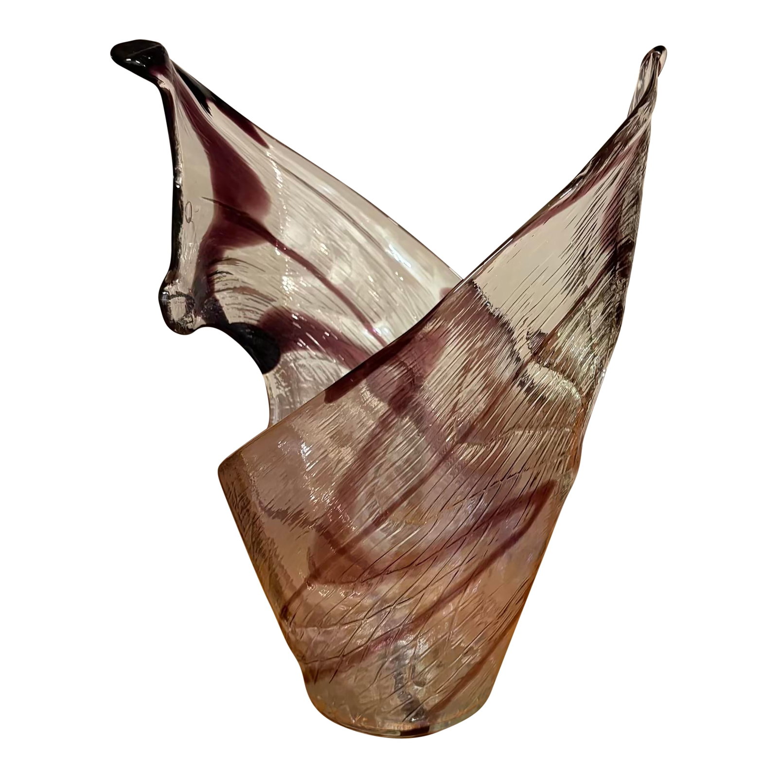 Vintage Italian Handblown Art Glass Sculptural Centerpiece Vessel: Vintage Italian handblown art glass centerpiece vessel in an elegant sculptural freeform shape with dramatic sweeping lines and rich amethyst ribboning throughout the smoky clear glass body. This