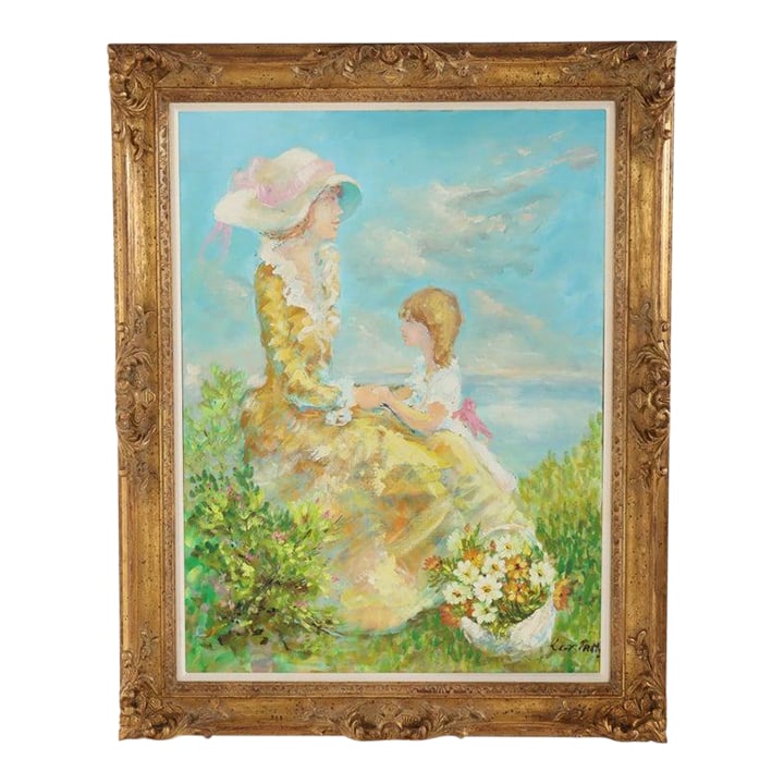 Oversized Oil on Canvas Scenic Portrait Painting of a Mother & Daughter 20thC: An oversized oil on canvas painting by Lucas Prats, depicting a serene mother and daughter in a lush outdoor setting. The artwork captures a tender moment between the figures, with the mother adorned 