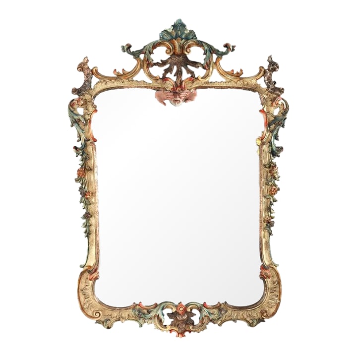 Large 54" French Niccolini Louis XIV Style Polychromed Mirror Signed 20thC: A striking French Louis XIV style polychromed and carved mirror, signed Niccolini and dating to the 20th Century. This substantial wall mirror features an elaborately sculpted wooden frame,