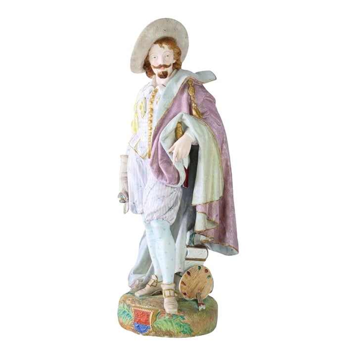 Large 21" French Paul Duboy Bisque Porcelain Polychromed Scholar Figure C1890: An exquisite antique French bisque porcelain figure, crafted by Paul Duboy circa 1890. This polychromed sculpture presents a distinguished male figure, possibly a scholar or artist, posed in elaborate