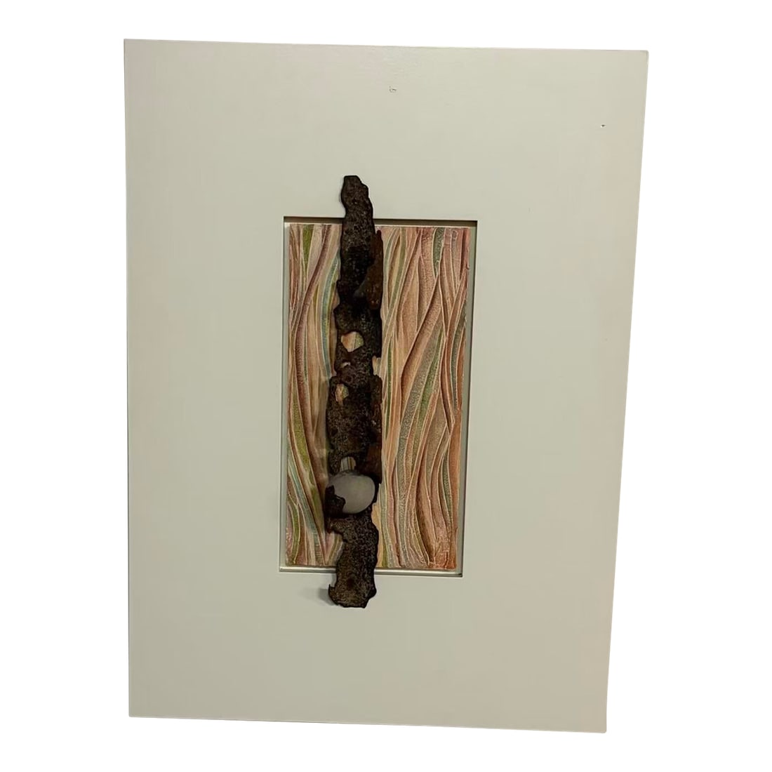 Patricia Hood "Salvage Song" Mixed Media Assemblage on Wood Panel: Patricia Hood "Salvage Song" mixed media assemblage on wood panel, created in 2004. This striking contemporary wall sculpture combines heavily textured oxidized metal with a smooth round stone nestled