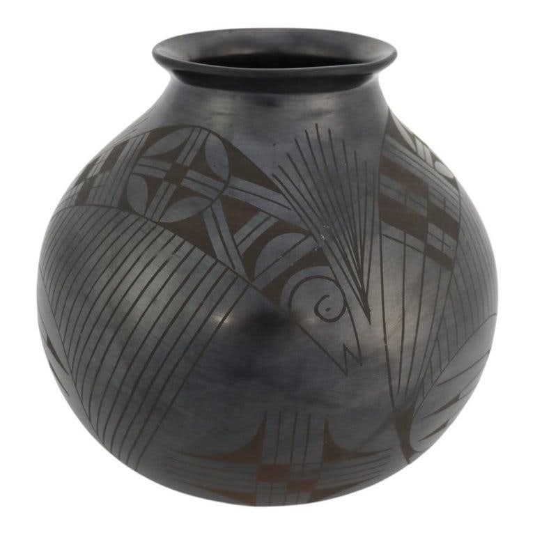 Large Mexican Black on Black Pottery Olla Signed by Jesus Pina 20thC - 2