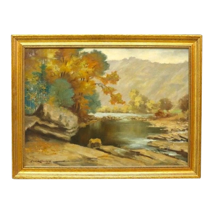 Hudson River School Oil on Canvas Painting of a River Scene by A. Hirshing C1935: Antique Hudson River School Oil On Canvas Painting Of A River Scene By A. Hirshing, Signed, Framed, C1935 Measures - 25.75"H x 33.75"W x 1.5"D Condition: Alterations: Unknown Imperfections: Some