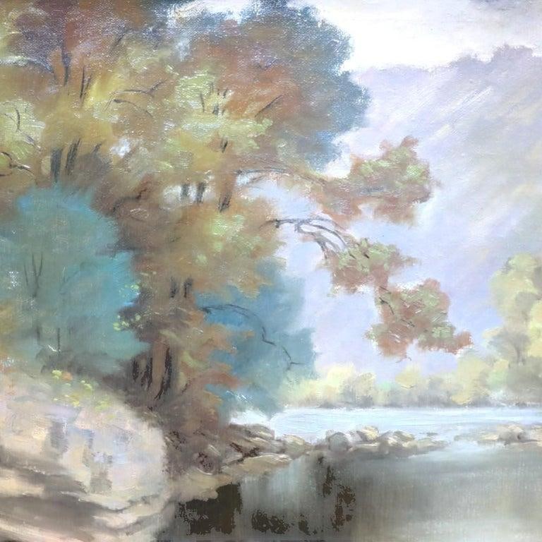 Hudson River School Oil on Canvas Painting of a River Scene by A. Hirshing C1935 - 2