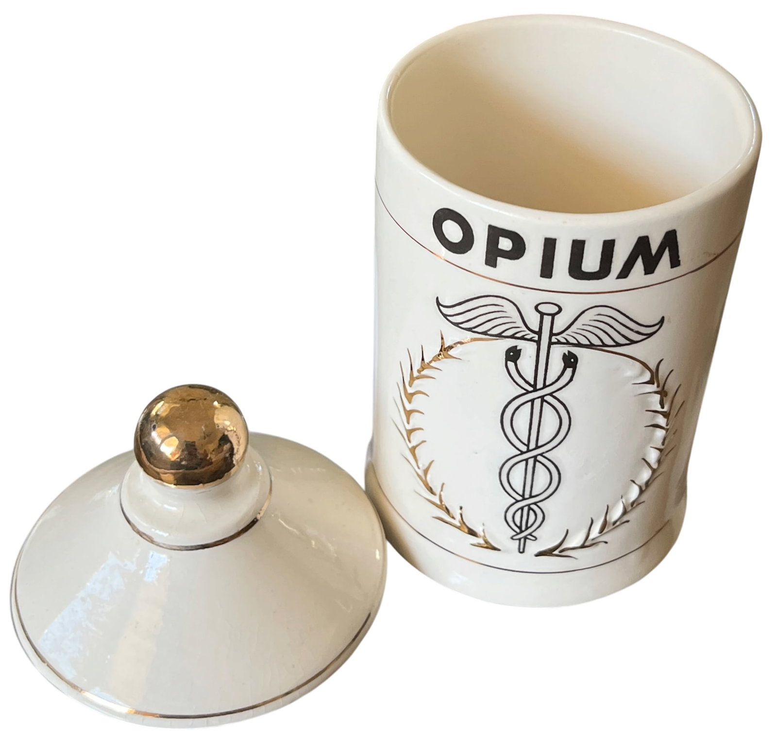 Mid-Century Handpainted Porcelain "Opium" Apothecary Canister in the Style of Piero Fornasetti M - 2