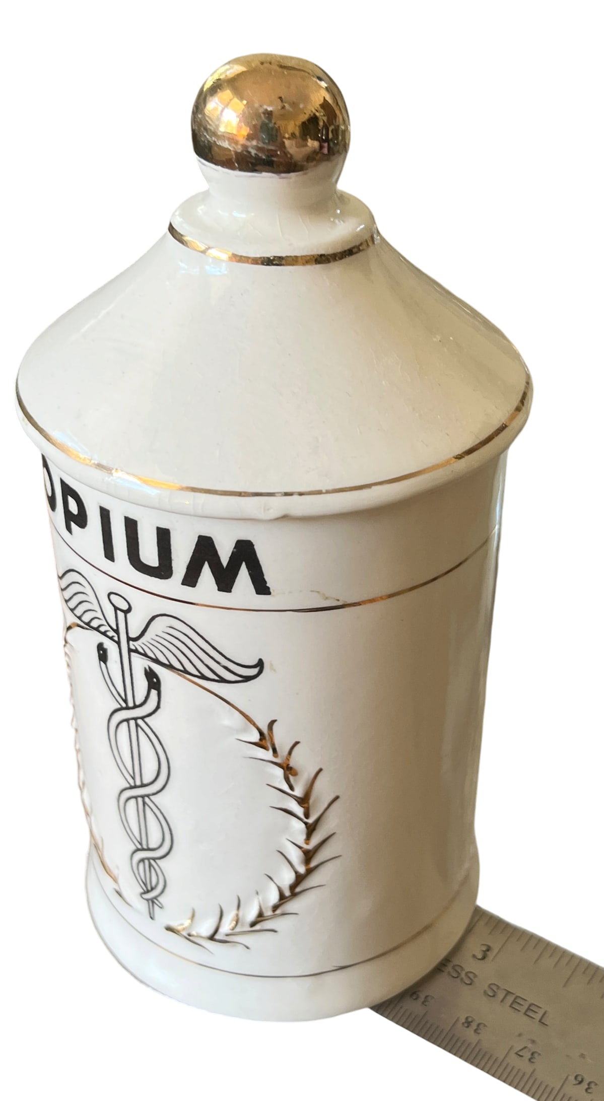 Mid-Century Handpainted Porcelain "Opium" Apothecary Canister in the Style of Piero Fornasetti M - 8
