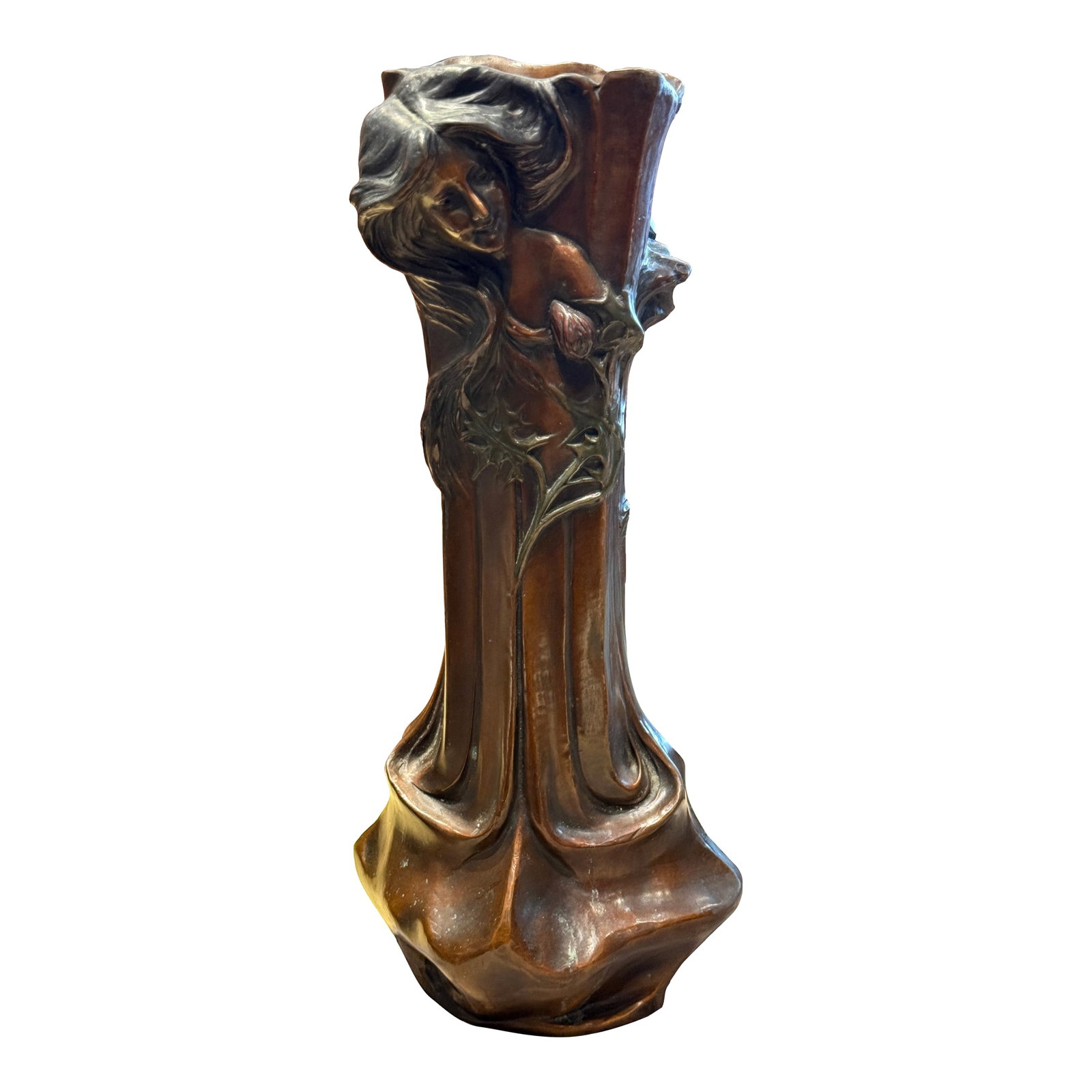 Early 20th Century Early Patinated Bronze Art Nouveau Vase With Maiden & Floral Design by Francesco: Elegant early Art Nouveau bronze vase attributed to Francesco Flora, featuring a beautifully modeled maiden surrounded by flowing floral motifs and organic curves characteristic of the period. The