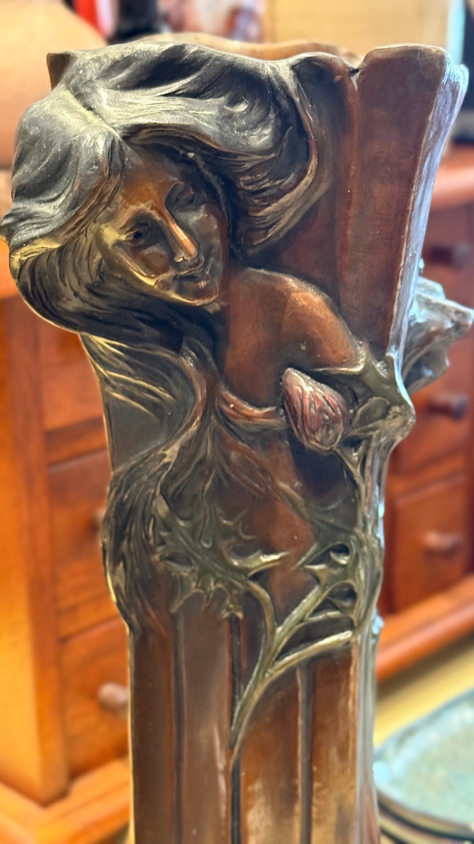 Early 20th Century Early Patinated Bronze Art Nouveau Vase With Maiden & Floral Design by Francesco - 2