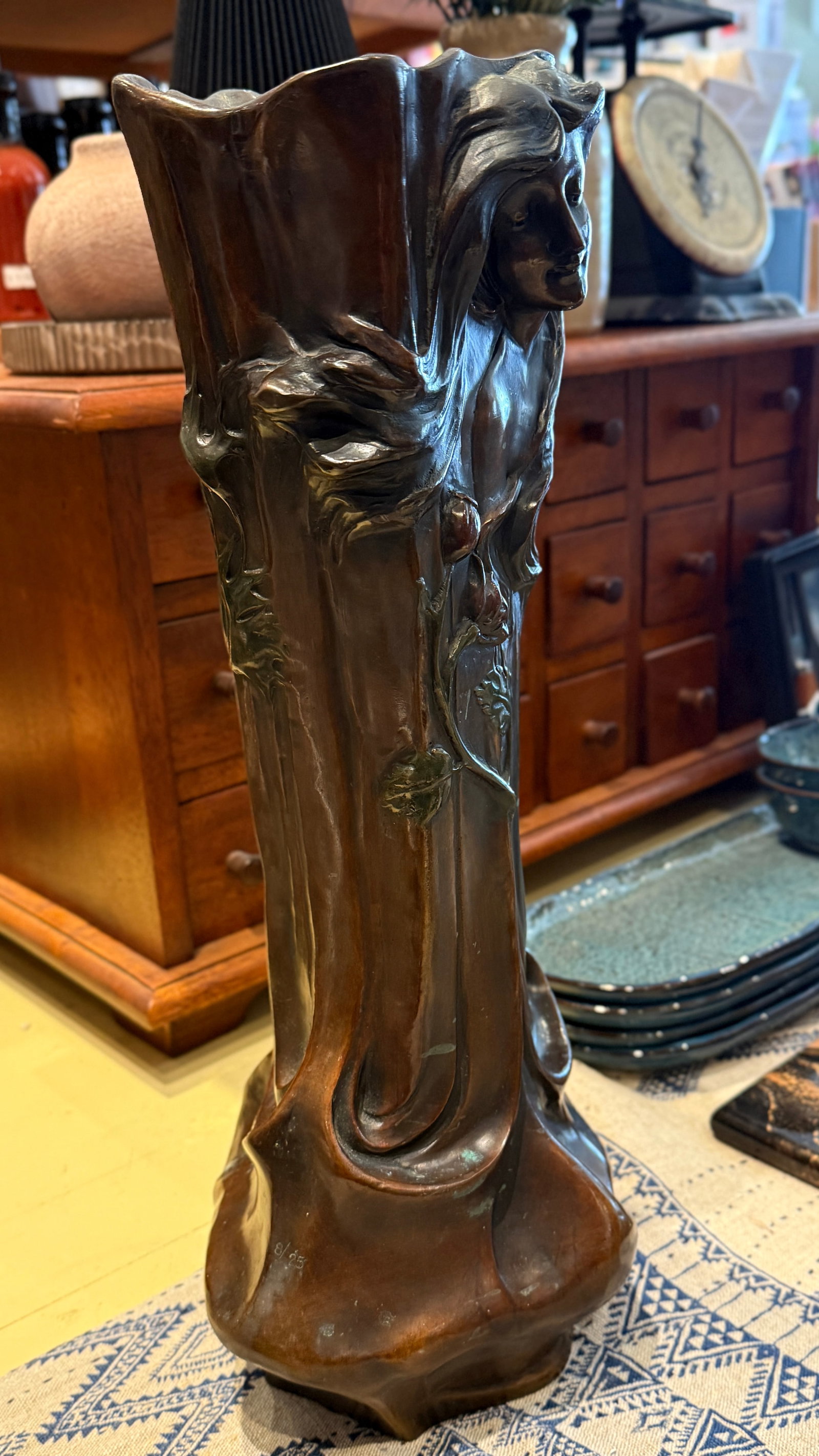 Early 20th Century Early Patinated Bronze Art Nouveau Vase With Maiden & Floral Design by Francesco - 3