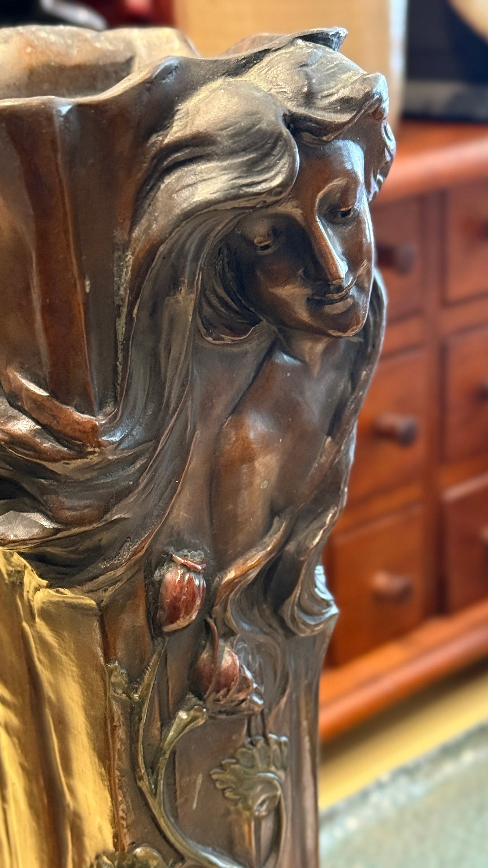 Early 20th Century Early Patinated Bronze Art Nouveau Vase With Maiden & Floral Design by Francesco - 5