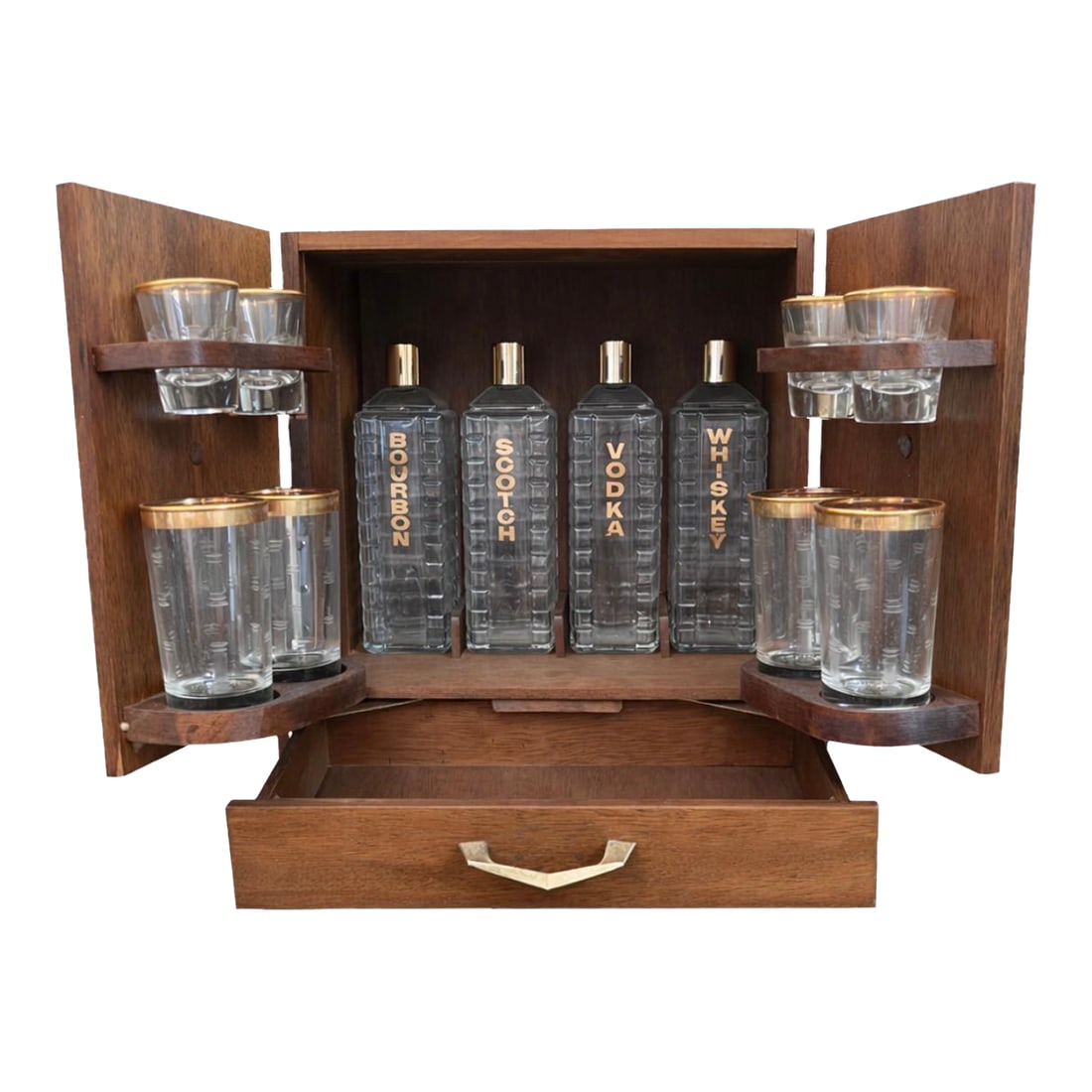 1950s Karoff Japanese Tabletop Walnut Mini Bar Cabinet With Decanters, Glasses & Tools: Charming vintage Karoff tabletop mini bar cabinet in richly toned walnut wood, designed with a clever pull-out drawer that opens the double doors to reveal a complete compact cocktail station. Inside
