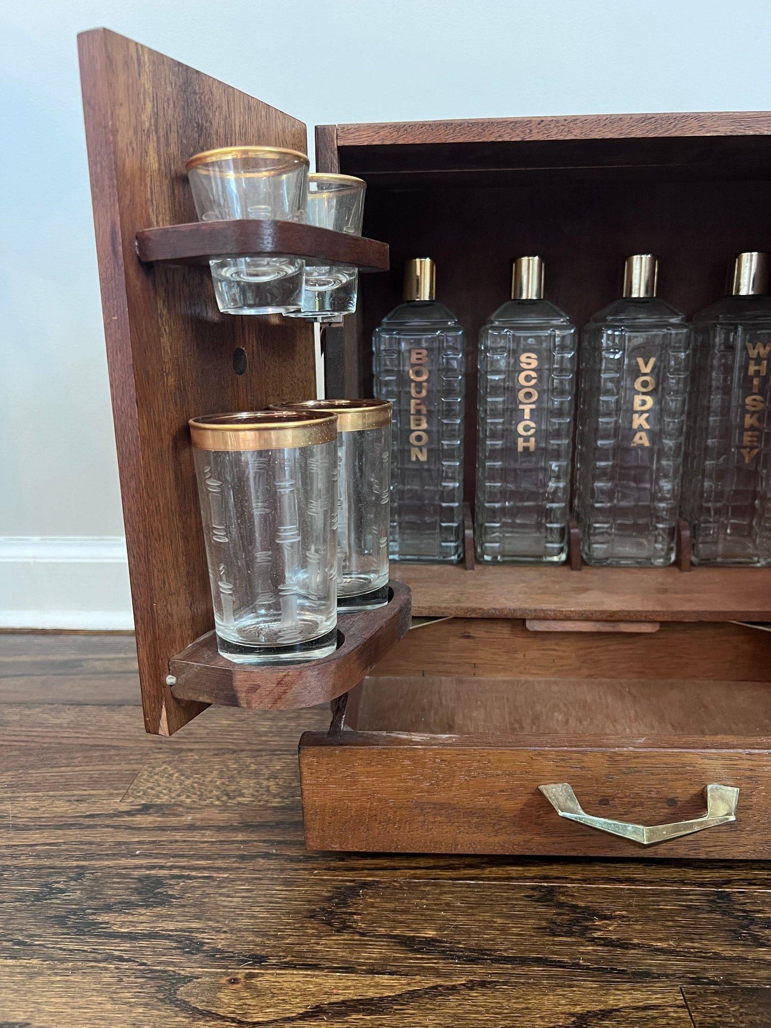 1950s Karoff Japanese Tabletop Walnut Mini Bar Cabinet With Decanters, Glasses & Tools - 8
