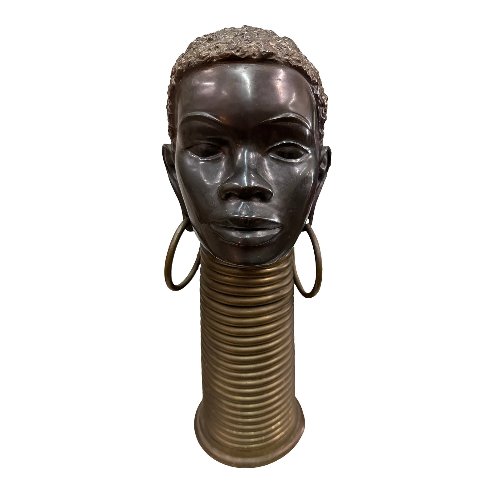 Vintage Nubian Bronze African Head Sculpture: Fantastic vintage bronze nubian head sculpture in the hagenauer style. Very heavy bronze depicting a nubian tribal female with neck rings. Truly a unique piece in person! Condition: Alterations: