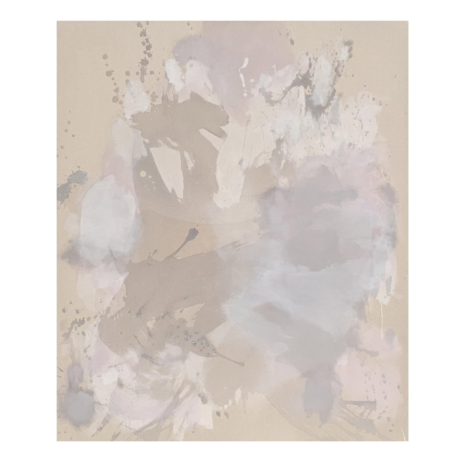 Original Contemporary Abstract Painting in Muted Taupe, Chalky White, and Soft Lilac by American Lyr: Offering a restrained, atmospheric exploration of tone and texture, "MORNING DRIFT" is an original lyrical abstraction painting executed in hand-mixed acrylics, inks, graphite, and earthen materials. 