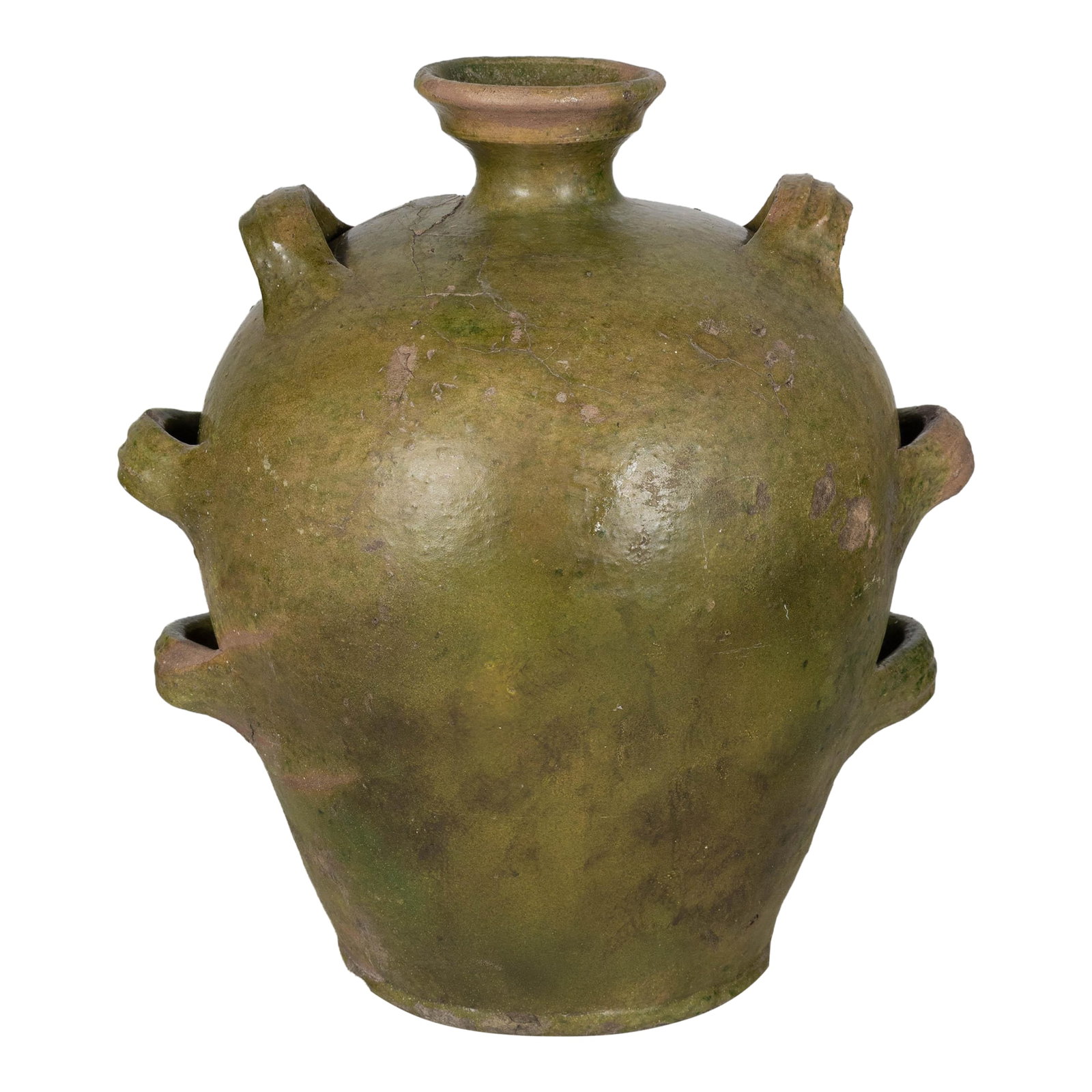 19th Century French Pottery Conscience Jug: A 19th Century French green glazed pottery jug with ovoid form, short flared neck and looped handles. Beautiful rustic patina, minor glaze loss, chipped bottom. Known as a conscience, these vessels we