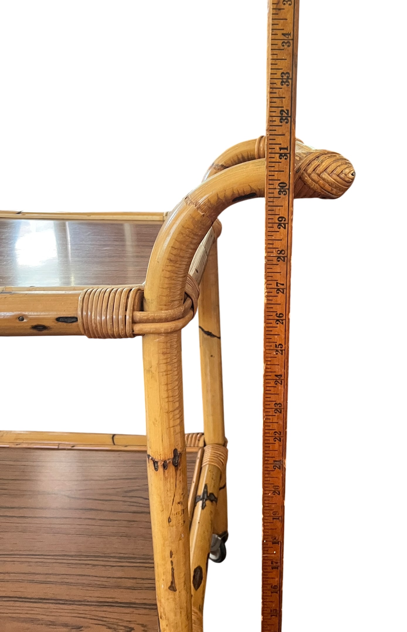 1960s Burnt Bamboo & Rattan Wrapped Two-Tier Drinks or Bar Cart on Casters - 11