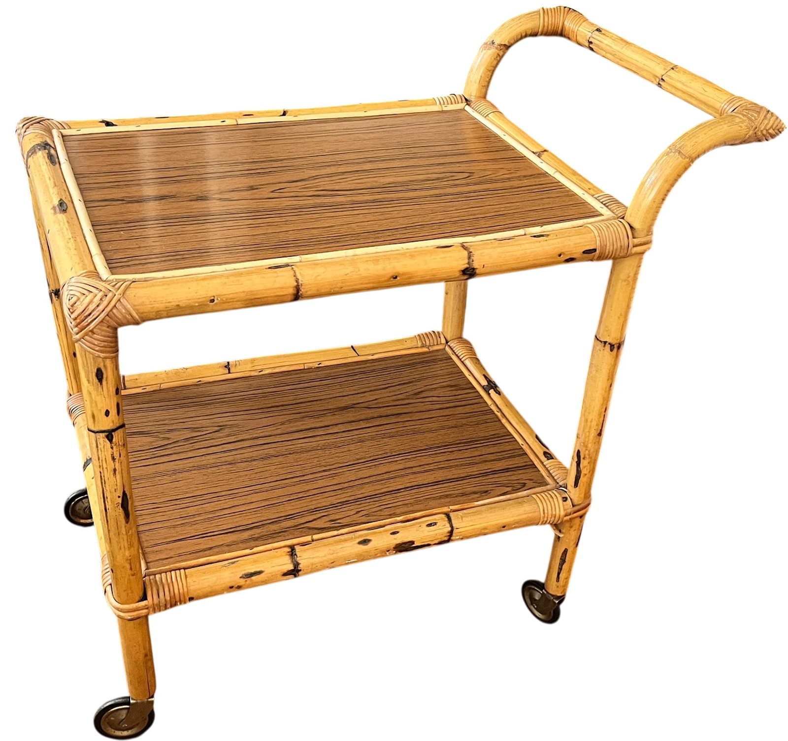1960s Burnt Bamboo & Rattan Wrapped Two-Tier Drinks or Bar Cart on Casters - 2