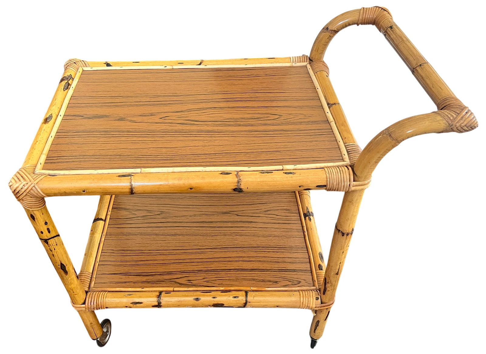 1960s Burnt Bamboo & Rattan Wrapped Two-Tier Drinks or Bar Cart on Casters - 3
