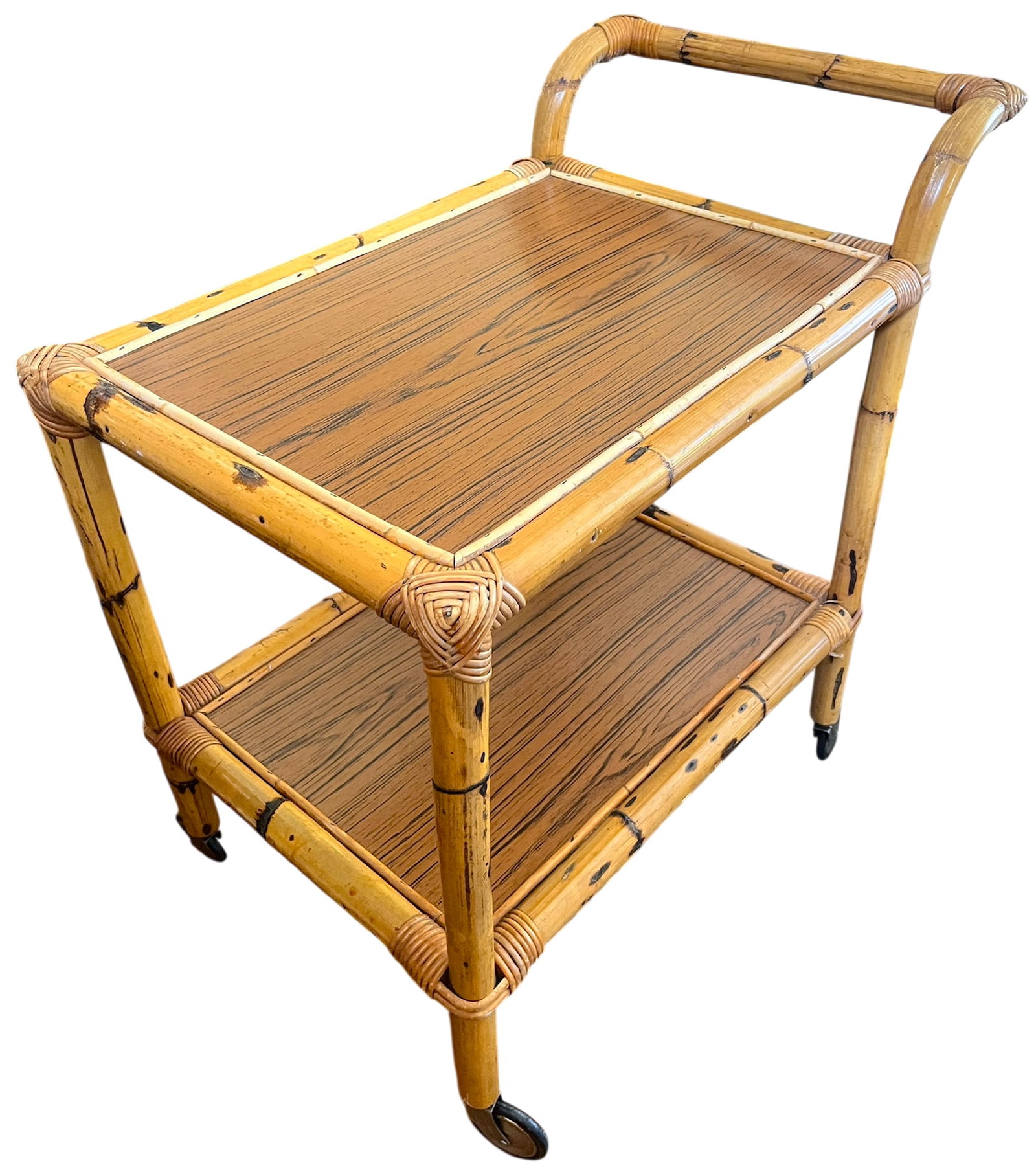 1960s Burnt Bamboo & Rattan Wrapped Two-Tier Drinks or Bar Cart on Casters - 4