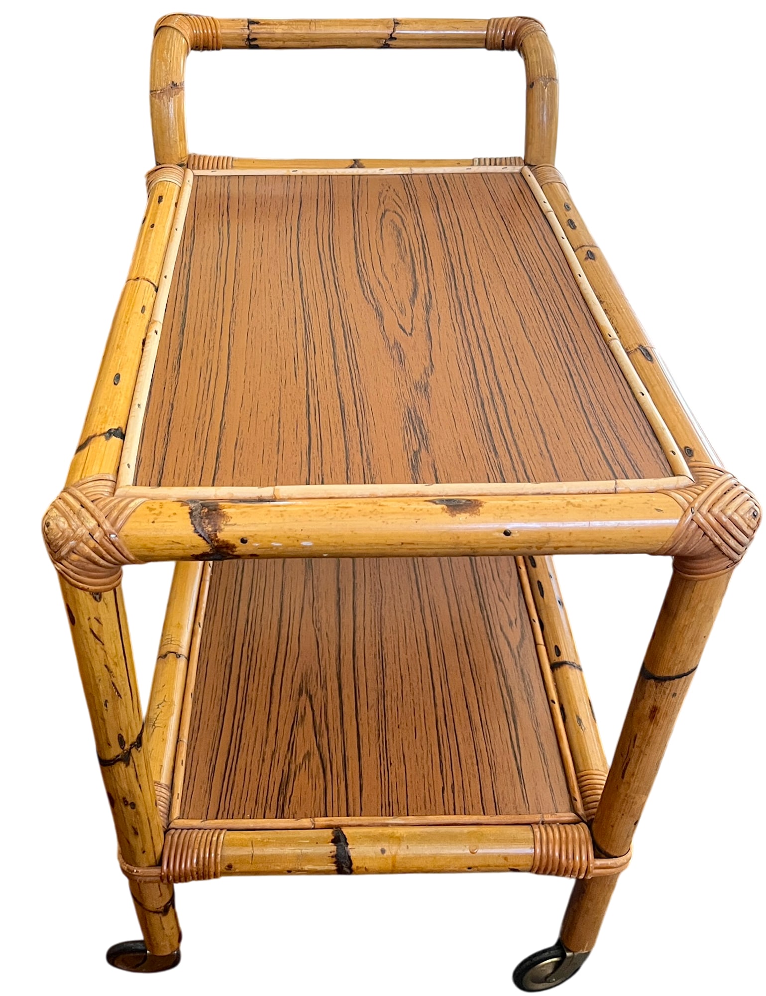 1960s Burnt Bamboo & Rattan Wrapped Two-Tier Drinks or Bar Cart on Casters - 5