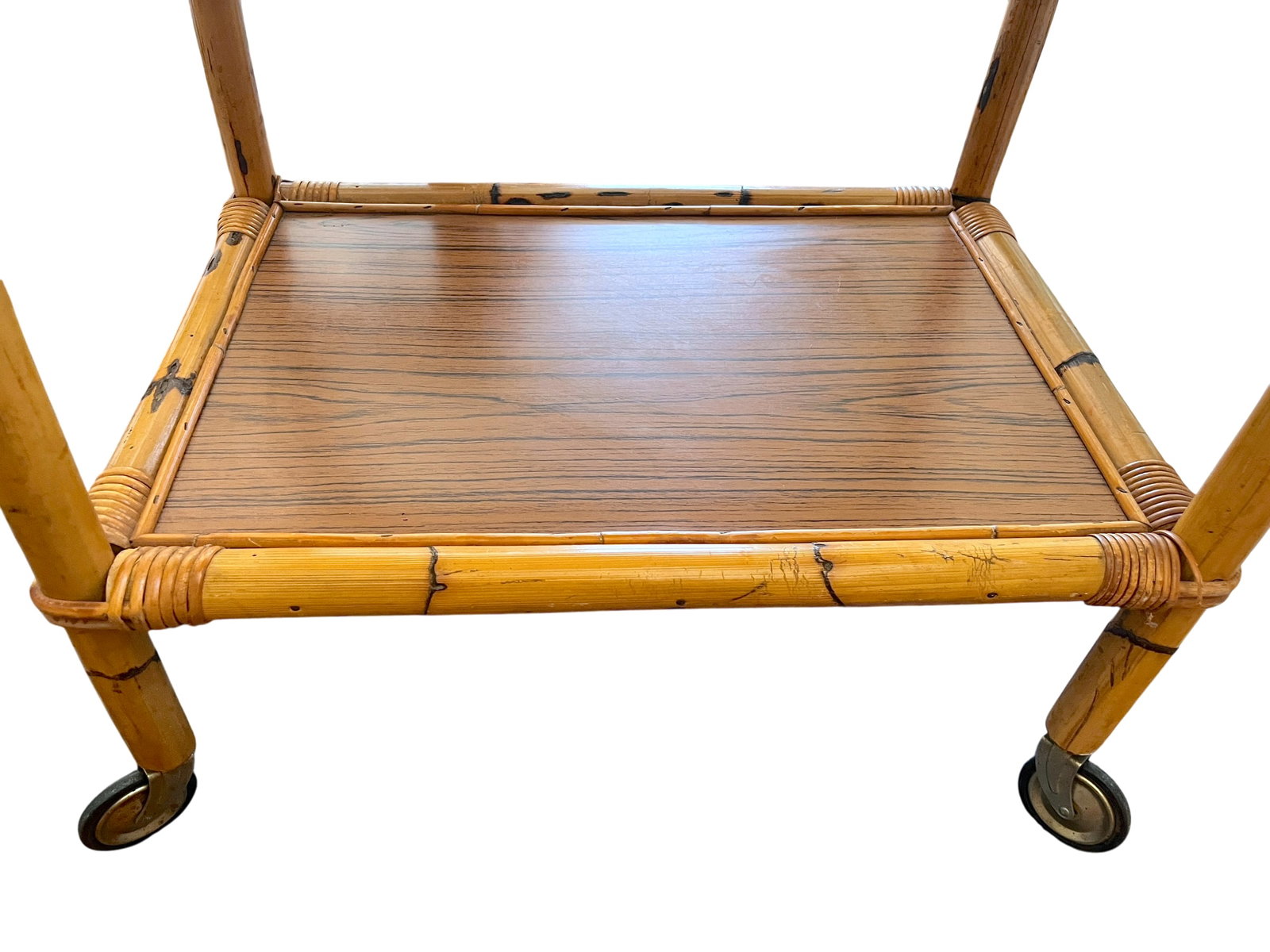 1960s Burnt Bamboo & Rattan Wrapped Two-Tier Drinks or Bar Cart on Casters - 6