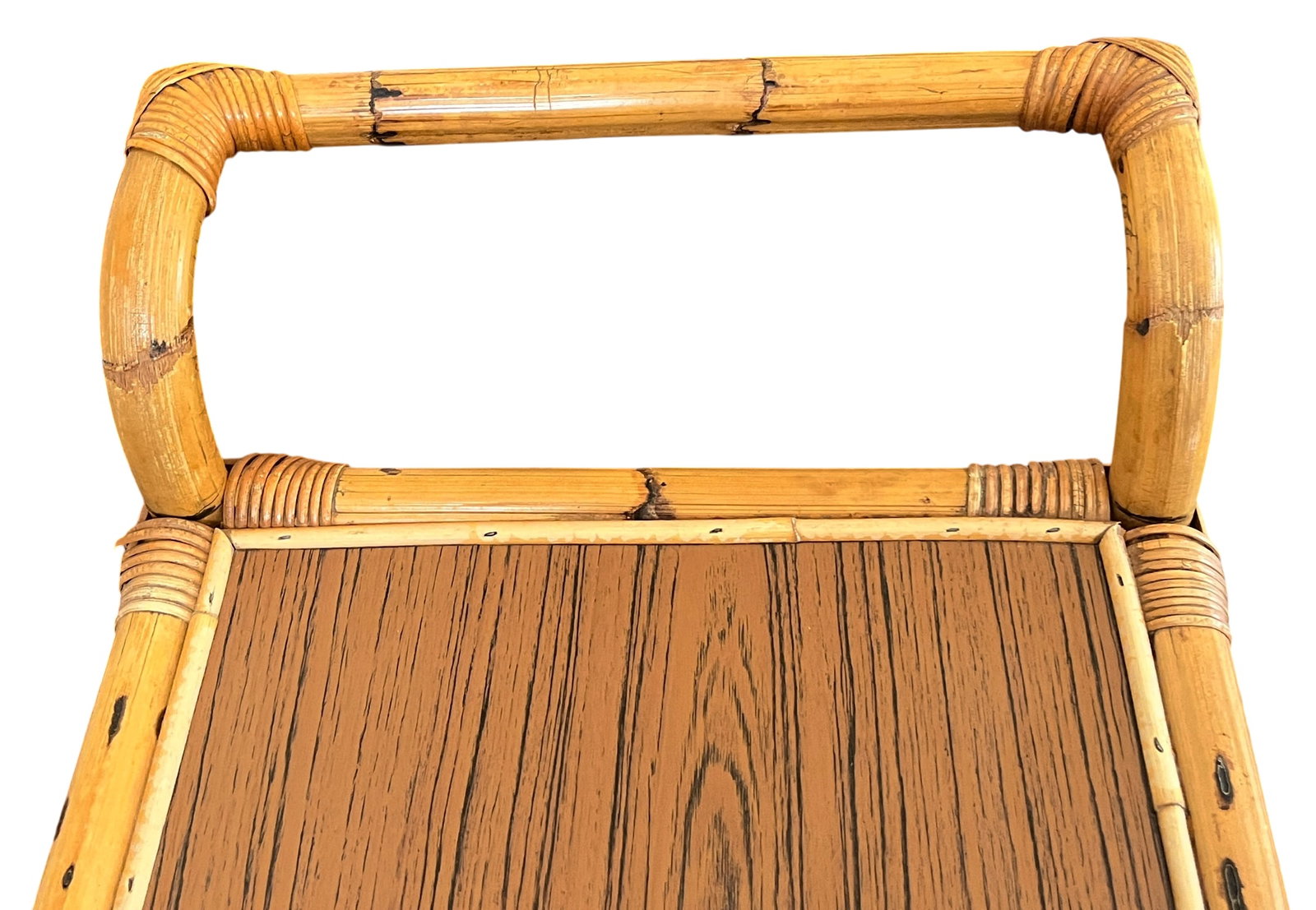 1960s Burnt Bamboo & Rattan Wrapped Two-Tier Drinks or Bar Cart on Casters - 7