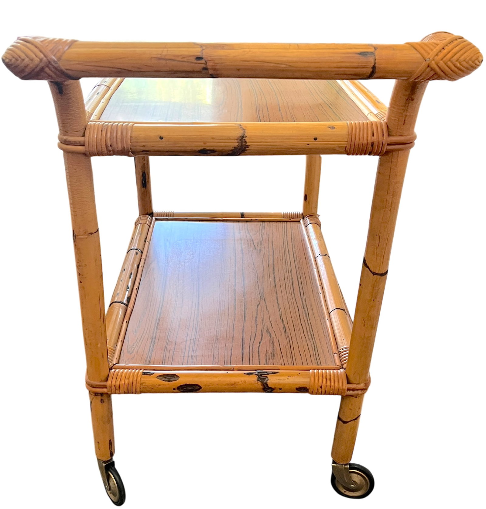 1960s Burnt Bamboo & Rattan Wrapped Two-Tier Drinks or Bar Cart on Casters - 9