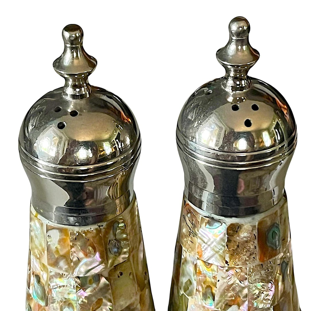 Vintage Abalone Shell & Stainless Steel Salt and Pepper Shakers in the Style of Los Castillo - 2