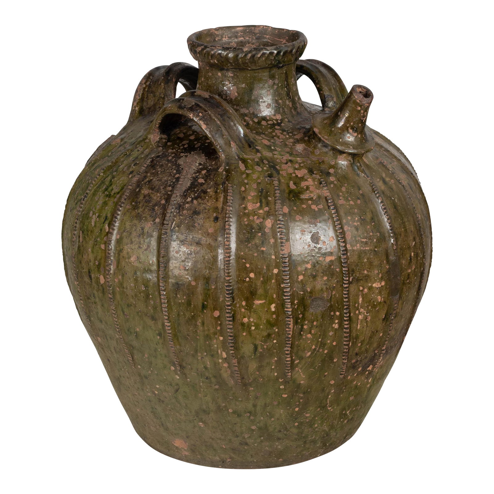 18th Century French Pottery Walnut Oil Jug From Perigord: An 18th Century French Glazed terracotta walnut oil jug from the Perigord region in Southwestern France. Rich, rustic, dark olive green to brown lead glaze with beautiful natural variations and unique