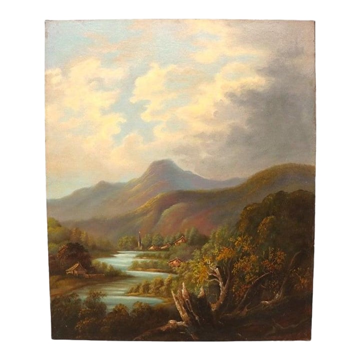 Hudson River School Oil on Canvas River Scene Painting C1890: An antique oil on canvas painting, attributed to the Hudson River School, depicts a serene river landscape from circa 1890. The artwork captures the characteristic grandeur and romanticism associated
