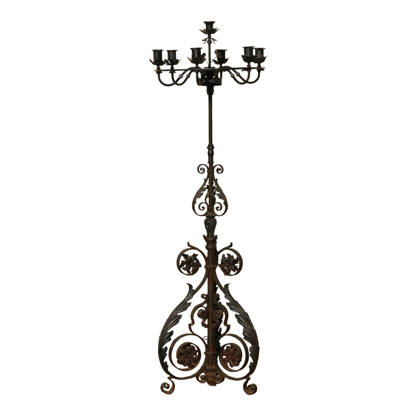 Antique Wrought Iron Floor Candelabra | Ornate Gothic Revival Candleholder | Early 20th Century: Striking early 20th-century wrought iron floor candelabra featuring seven candle holders and an elaborate hand-forged design. Rich in character and craftsmanship, this antique floor candleholder