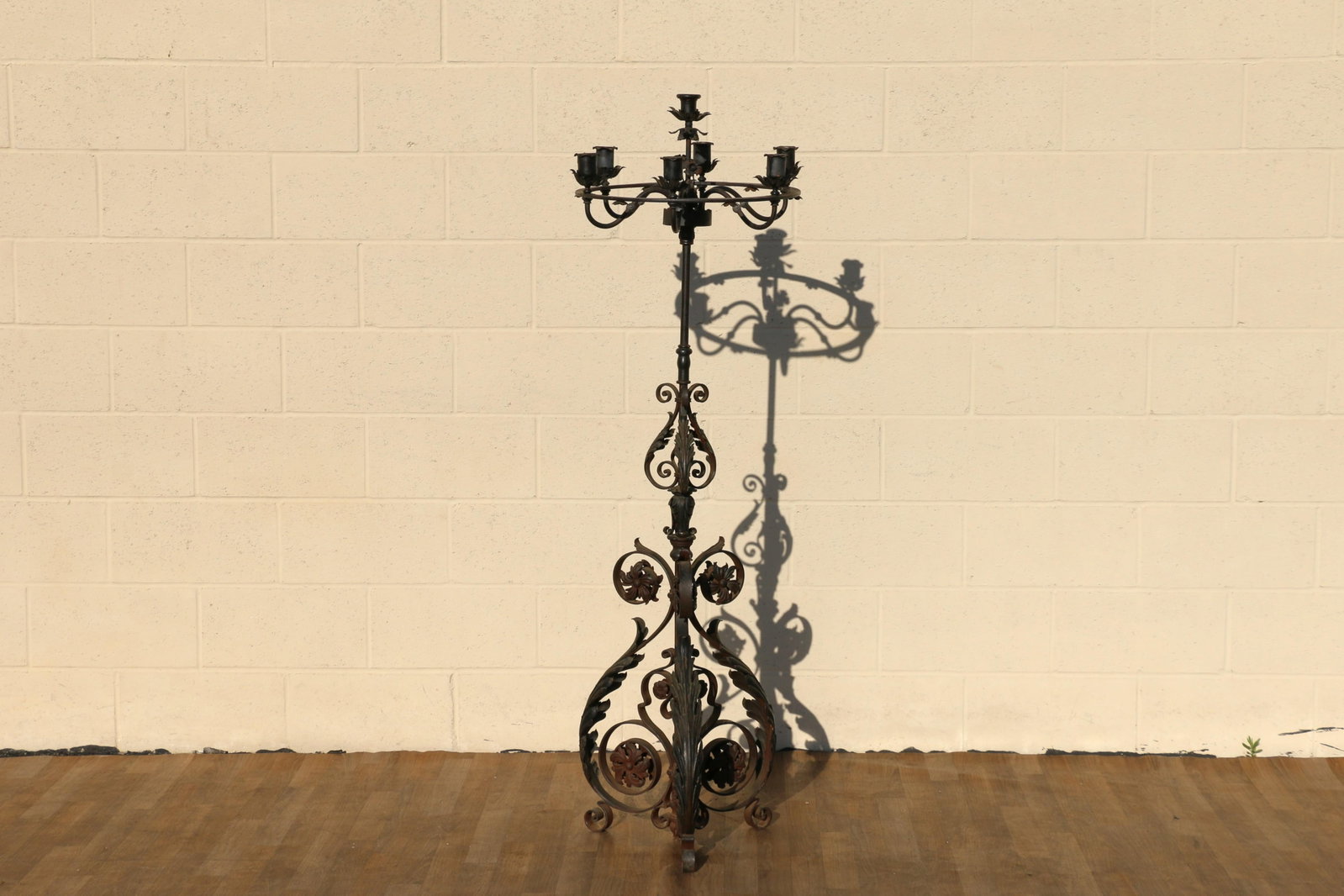 Antique Wrought Iron Floor Candelabra | Ornate Gothic Revival Candleholder | Early 20th Century - 2