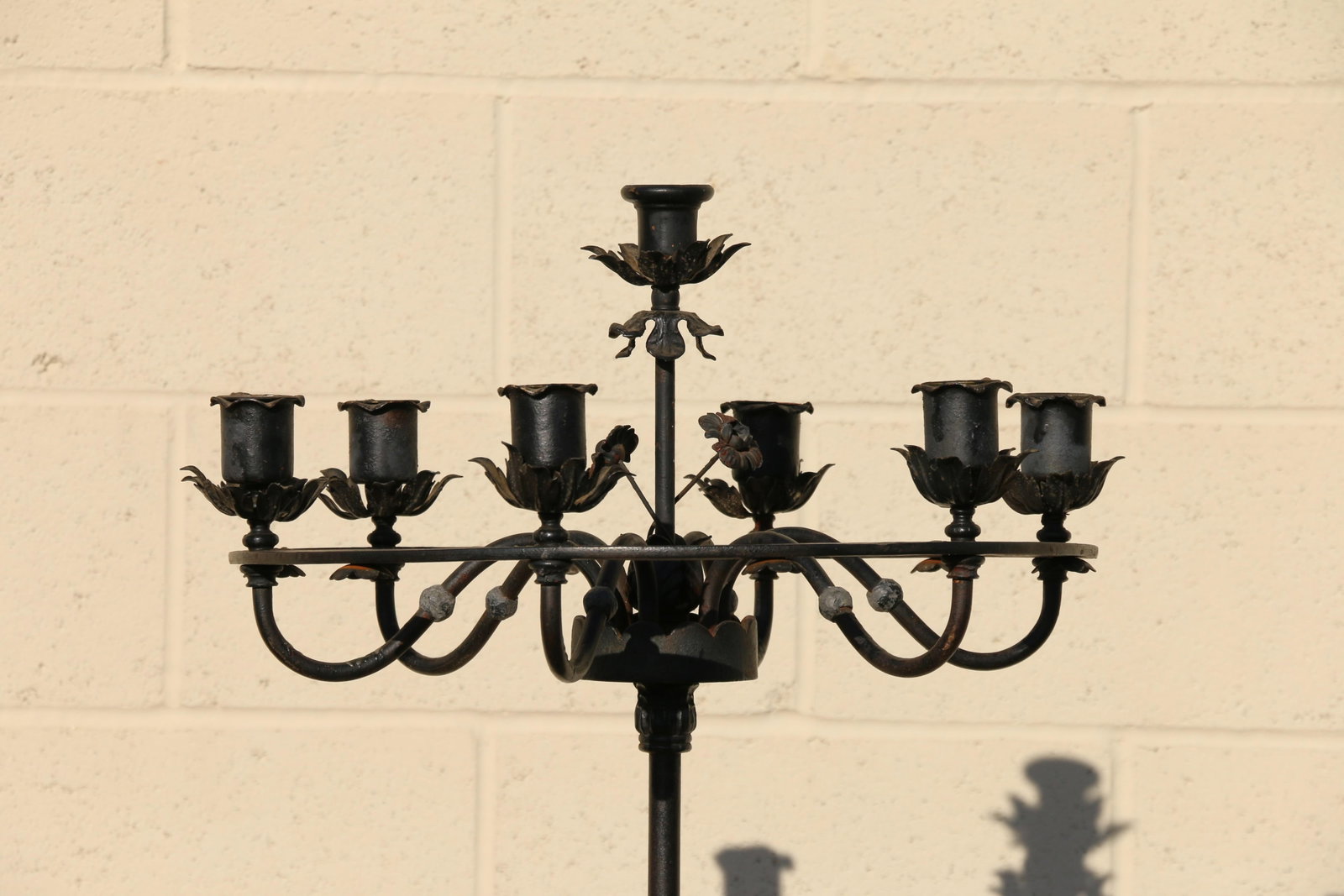 Antique Wrought Iron Floor Candelabra | Ornate Gothic Revival Candleholder | Early 20th Century - 3